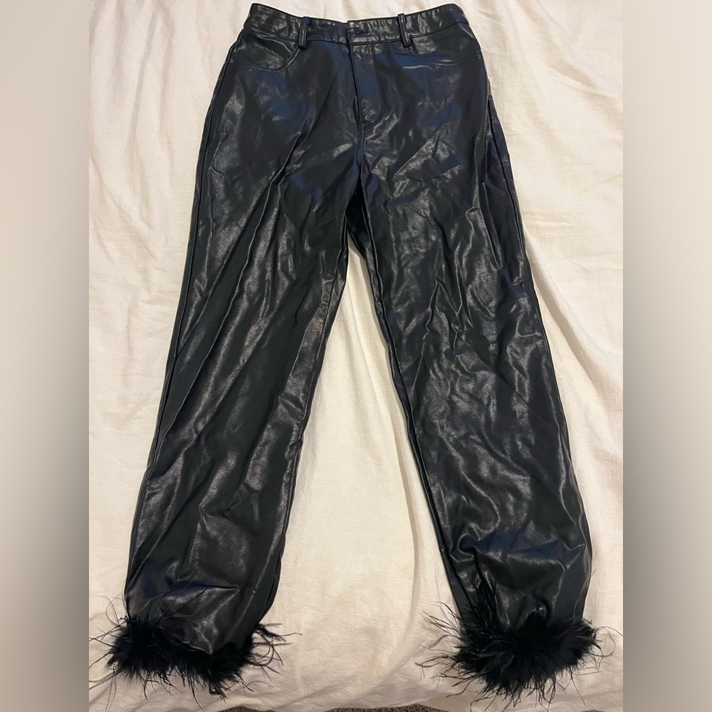 ALTERD STATE BLACK WIDE LEG FAUX LEATHER PANTS WITH FLUFF AT THE CUFFS